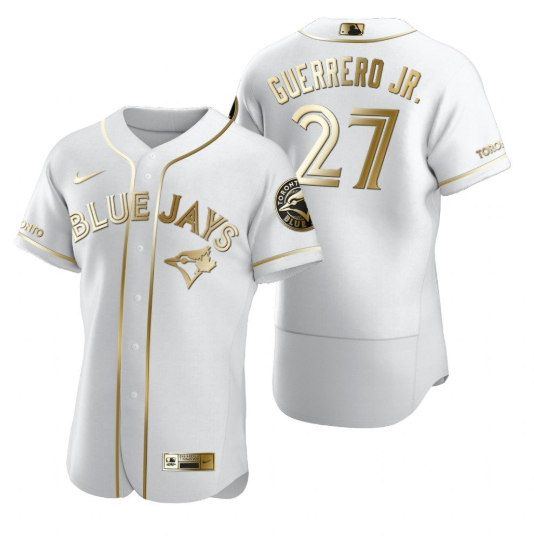 Men's Toronto Blue Jays #27 Vladimir Guerrero Jr. White Gold Flex Base Stitched Jersey Men's Toronto Blue Jays #27 Vladimir Guerrero Jr. White Gold Flex Base Stitched Jersey